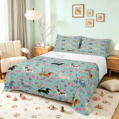 Erosebridal Dachshund Decor Sheet Set Pink Floral Puppy Bed Sheets Dachshund Gifts for Women Girls,Lovely Pup Dog Flowers Fitted Sheet Dog Lover Top Sheet King,Cute Pet Doggy Animal Room Decor