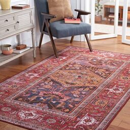 SAFAVIEH Traditional Rug Ideal for High Traffic Areas - Machine Washable and Non Slip - Tucson Collection, Short Pile, in Rust and Marine Blue, 122 X 122 cm