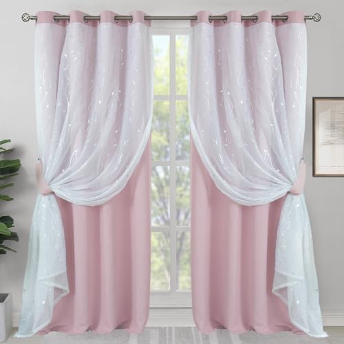 BGment Pink Curtains for Girls Bedroom 90 inches Long with Sheer Overlay, Grommet Silver Printed Double Layer Nursery Blackout Decoration Window Curtains for Kids Room, 2 Panels 52 x 90 Inch