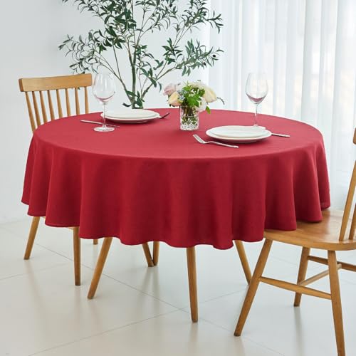 maxmill Round Linen Textured Tablecloth Spill-Proof Wrinkle Free Washable Wipeable Table Cloth for Circular Table Cover, Dining Room Tablecloths Banquet Christmas Party Holiday Dinner, 70 Inch, Red