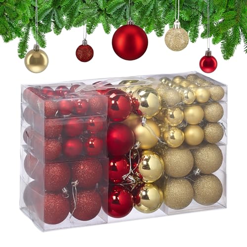 Relaxdays Christmas Baubles, Set of 100, Tree Ornaments, ∅ 3, 4 & 6 cm, Decorations, Glittery, Matte & Shiny, Gold/Red