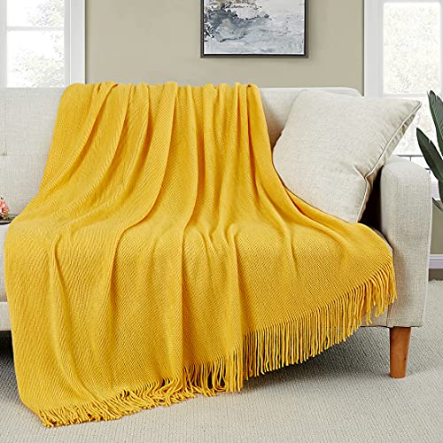 Homiest Decorative Knitted Throw Blanket with Fringe Soft & Cozy Tassel Blanket for Couch Sofa Bed (Mustard Yellow, 50x60)