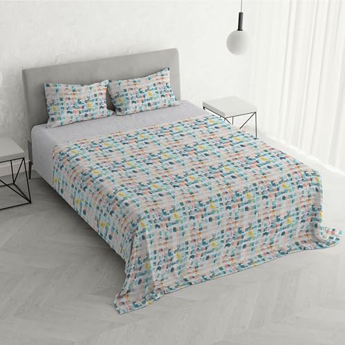 Watercolor Double Bed Set, 100% Cotton, Made in Italy – Top Sheet Set 255 x 300 cm + 2 Pillowcases 50 x 80 cm with Inner Flap – Frill in Plain Applied Colour, Digital Print – WT06
