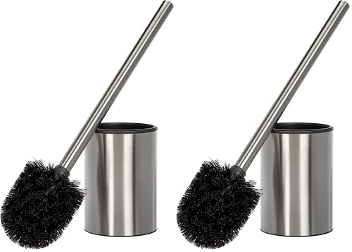TATAY Toilet Brush - Stainless Steel - Satin Metal Finish - Includes Inner Bucket - Modern & Easy-Clean Design - Maintains Bathroom Hygiene - Toilet Brush with Holder - 9 x 9 x 37 cm (Pack of 2)