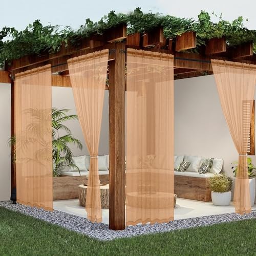 youleyar Sheer Outdoor Curtains for Patio Waterproof 2 Panels Linen Look Rod Pocket Indoor Beige Voile Curtain for Living Room, Bedroom, Porch, Pergola, Cabana, Gazebo(52x108 Inch, Beige)