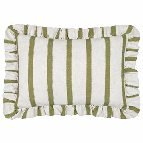 furn. Wylder Connie Feather Filled Cushion – Striped Ruffle Linen Textured Decorative Pillow (Olive – 35x50cm)
