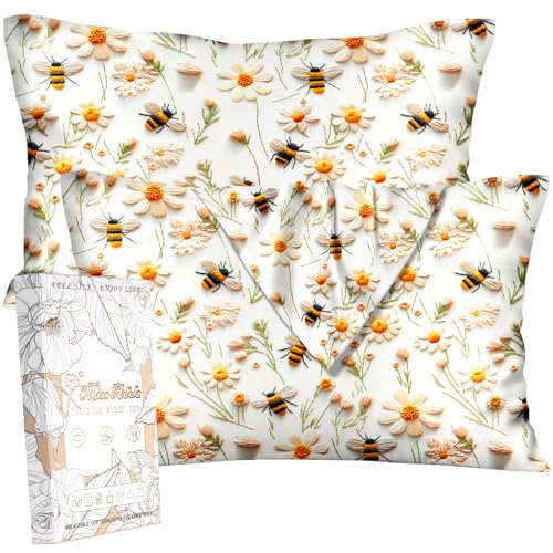 Miss Adola 2 Pack Silk Pillowcase - King Size 20 x 36 Inch Silky Pillow Case for Hair and Skin Soft Cute Aesthetic Bed Sleeping Pillow Cover with Zipper for Women, White Flower Bee