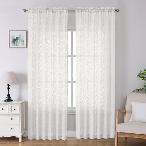 "Lecloud Leia Ivory Sheer Curtains 96 Inches Long 2 Panels, Airy Voile Jacquard Leaf Textured Curtains, Light Filtering Farmhouse Dual Rod Pocket Curtain Drapes for Bedroom Living Room, 52"" W x 96"" L"