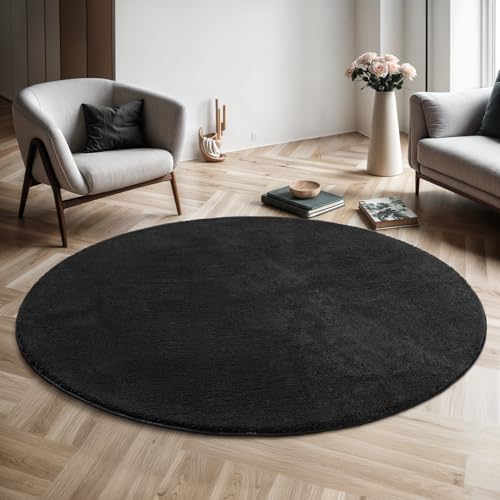 Mias Teppiche Comfort Modern Fluffy Short-Pile Carpet, Anti-Slip Backing, Washable up to 30 Degrees, Super Soft, Faux Fur Look, Black, 160 cm round