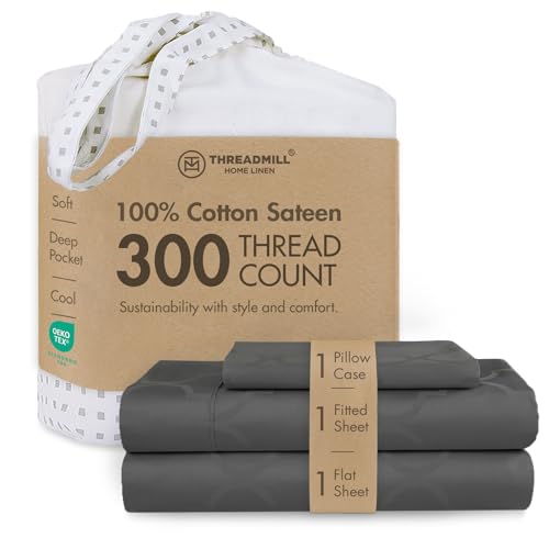 "Threadmill 300TC Cotton Twin XL Sheet Set, Sateen, Jacquard, Dark Grey - 100% Cotton, Sateen Weave, Jacquard Pattern, 3-Piece Set, 16"" Deep Pocket, Cooling, Breathable, OEKO-TEX Certified"