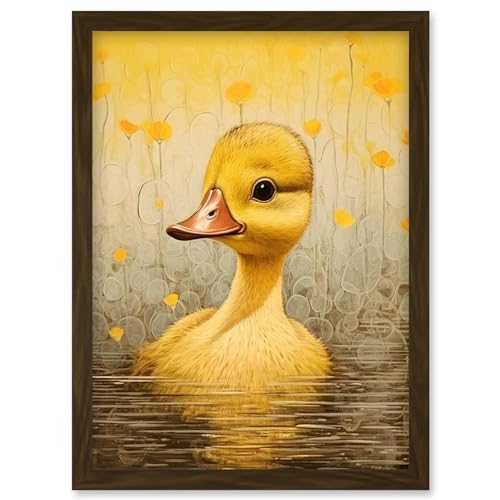 Artery8 Yellow Duckling Kids Bedroom Baby Nursery Calm Elegant Artwork Framed Wall Art Print A4