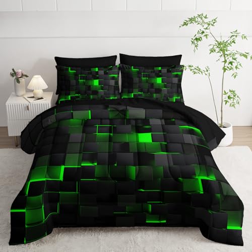 Nttopship Geometric Green Black Twin Comforter Set,Light Honeycomb Bedding Set 7 Piece in A Bag,Bed Sheet Set Geometry Decor,Microfiber Lightweight All Season
