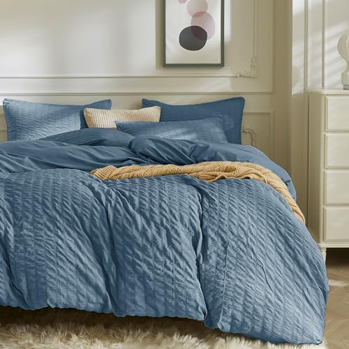 JELLYMONI Sierra Blue Seersucker Duvet Cover Set King Size - Soft Breathable, Cotton-Like Feel, Crinkled Texture, Fall Bedding, Oeko-Tex Certified, 8 Corner Ties & Hidden Zipper