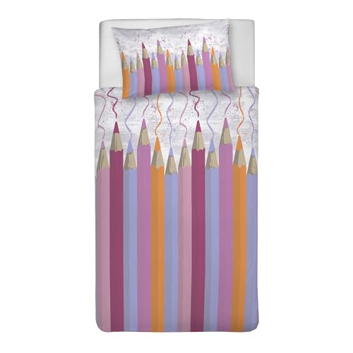 PENSIERI DELICATI Single Duvet Cover Set, 100% Cotton, Complete with 155 x 200 cm Bag and 1 Pillowcase 52 x 82 cm, Made in Italy, Duvet Cover Machine Washable At 40 Degrees, Pink Pencil Pattern