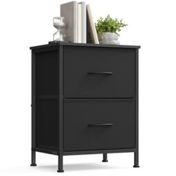 SONGMICS Bedside Table, Bedside Cabinet with 2 Fabric Drawers, Nightstand Side Table for Bedroom, Living Room, Steel, MDF, Ink Black and Ebony Black LGS312BH03