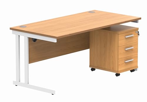 Office Hippo Heavy Duty Rectangular PC Office Desk with Storage, 3 Drawer Mobile Pedestal, White Frame, Norwegian Beech Top, 160 x 80 x 73 cm