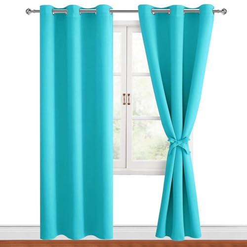 Hiasan Blackout Curtains for Bedroom, 38 x 84 Inches Long - Thermal Insulated & Light Blocking Window Curtains for Living Room, 2 Drape Panels Sewn with Tiebacks, Turquoise