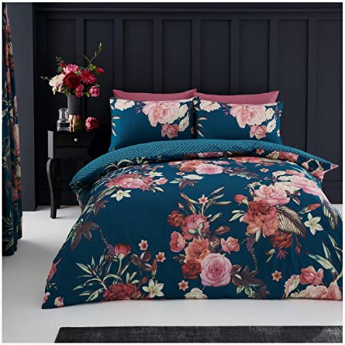 GC GAVENO CAVAILIA Printed Flower Duvet Cover Set, Easy Care King Size Bedding Sets With Matching Pillow Cases, Teal, 701200