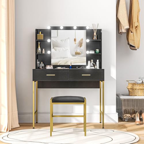 black dressing table and mirror Serenity Extendable Vanity Table with LED Mirror in Black – Luxo Living main image 0