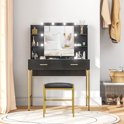 HOMCOM Dressing Table with Lighted Mirror, Cushioned Stool, Drawers, Black - Shelves, LED Makeup Vanity Desk Set, Lighted Makeup Mirror, Modern Dresser Vanity Table, Bedroom