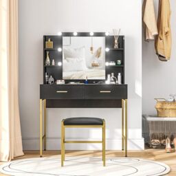 HOMCOM Dressing Table with Lighted Mirror, Cushioned Stool, Drawers,  Shelves, LED Makeup Vanity Desk Set, Modern Dresser Vanity Table for  Bedroom, Black by Amazon | uFurnish.com