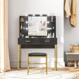 HOMCOM Dressing Table with Lighted Mirror, Cushioned Stool, Drawers, Black - Shelves, LED Makeup Vanity Desk Set, Lighted Makeup Mirror, Modern Dresser Vanity Table, Bedroom