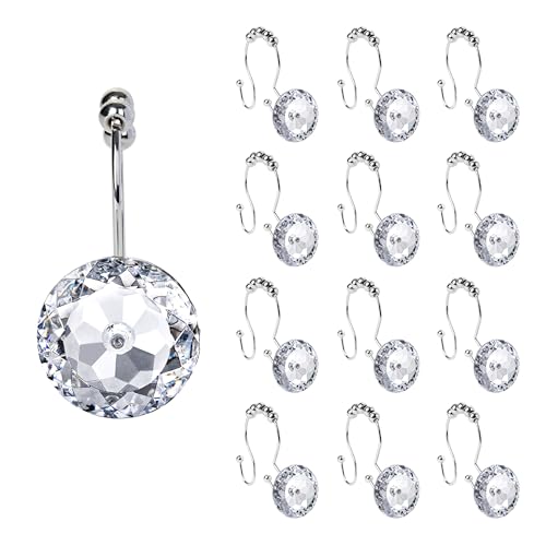 Sunlit Luxury Design Round Clear Diamond Crystal Gem Bling with Glide Balls Double Shower Curtain Hooks, Rust Proof Metal Rhinestones Glam Shower Curtain Rings-12 Pack