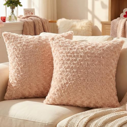 FUTEI Apricot Decorative Throw Pillow Covers 22x22 Inch Set of 2,Soft Solid Rose Textured Cushion Case,Modern Home Decor for Couch Living Room
