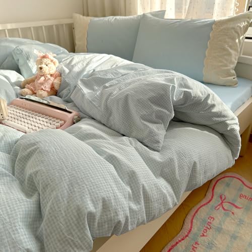 VM VOUGEMARKET Blue Plaid Duvet Cover Set Queen Romantic Lace Duvet Cover with 2 Pillowcases Sky Blue Gingham Comforter Cover for Teen Girls
