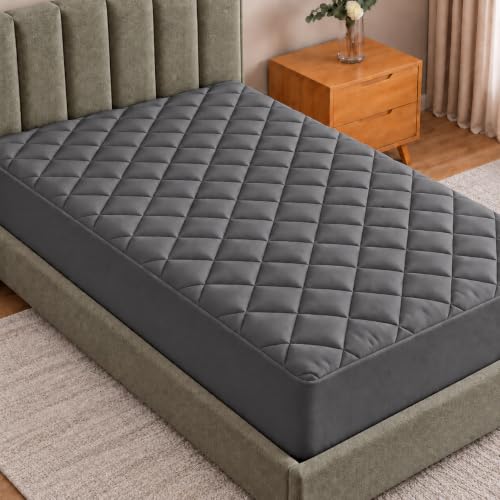 Utopia Bedding Quilted Mattress Protector, Breathable Mattress Pad, Deep Fitted Mattres Cover (Grey, Twin - 99 x 190 + 40 cm (Pack of 1))