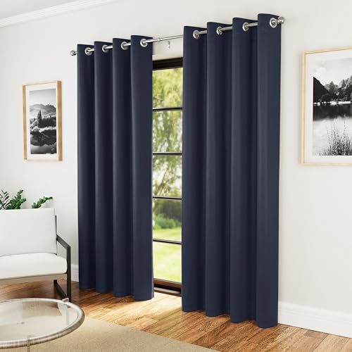 Enhanced Living Nightfall Eyelet Blackout Curtains - Thermal Navy Blue Curtains for Bedroom - 66x90 inch (168x229 cm) - 230gsm, Supersoft, Energy Saving & Noise Reducing - 2 x Curtain Panels