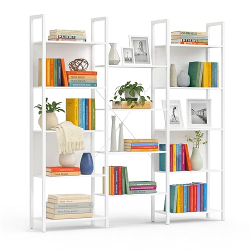 Relaxdays Industrial Bookshelf, 14-shelf, Metal & Wood Effect, Freestanding Living Room & Office H166xW158xD24cm White