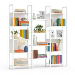 Relaxdays Industrial Bookshelf, 14-shelf, Metal & Wood Effect, Freestanding Living Room & Office H166xW158xD24cm White