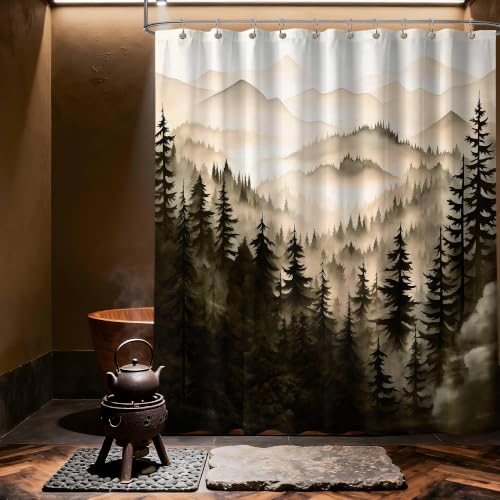 QGHOT Dark Brown Forest Shower Curtain Nature Bronze Chocolate Brown Shower Curtains for Mens Bathroom, Waterproof Polyester Fabric with Hooks,60''W x 72''L
