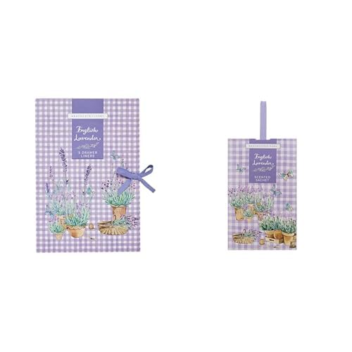 Heathcote & Ivory Scented Drawer Liners, 5 Sheets in Display Tray, Lavender Fragrance+Heathcote & Ivory Lavender Scented Sachet, Rosemary, Eucalyptus