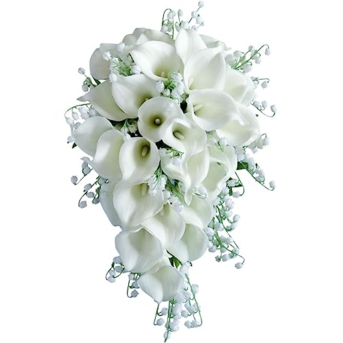 Jackcsale Wedding Bouquet for Bride, White Calla Lily Water Drop Waterfall Romantic Wedding Artificial Flowers Bouquets Cascading Bridal Bouquets for Wedding Ceremony and Anniversary Home Decor, A