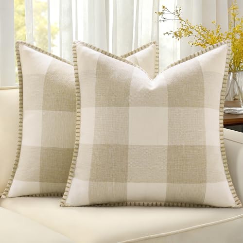 decorUhome Buffalo Check Plaid Cushion Covers Linen Farmhouse Trimmed Edge Decorative Cushion Covers for Sofa 50x50cm, Cream White and Beige, Set of 2
