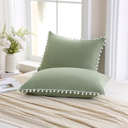 Avocado Green Pom Poms Pillow Cases, Boho Pillowcases Set of 2, 100% Soft Washed Microfiber, Green White Pom Poms Pillow Shams King, 2 Pack
