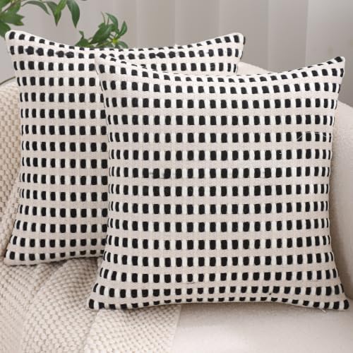 Tosleo Boho Throw Pillow Covers 18x18 Set of 2 Black and White Stripe Decor Pillow Cases Accent Chenille Pillowcases Farmhouse Cushion Case Bohemian Nuetral Textured Pillow Cover
