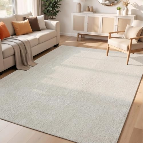 Rugs by Desire Comfy Washable Modern Living Room Rug Polyester Plain Indoor Area Rug with Low Pile - Anti-Slip Felt Backing SuperSoft Carpet Bedroom-Hallway, Cream, 160x220 cm