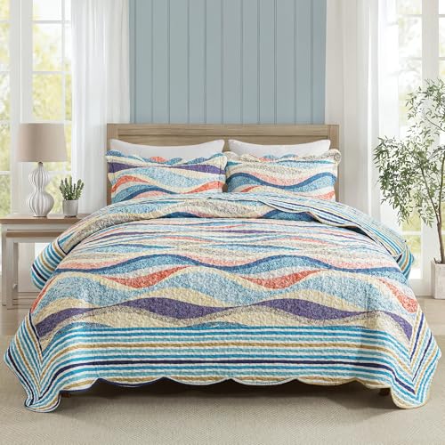 "HoneiLife Qversized Queen Quilt - 106""x106"" Coastal Quilt Sets, Beach Quilt 3-Piece, Nautical Bedspreads Ocean Coverlets, Lightweight Bed Cover, Summer Quilts"
