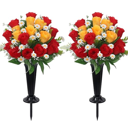 Wocst Artificial Cemetery Flowers for Grave Memorial Day Flowers for Cemetery,2Pack Artificial Silk Roses Daisy Bouquets with Cemetery Vases for Outdoor Grave Decorations ??? (Red Yellow)