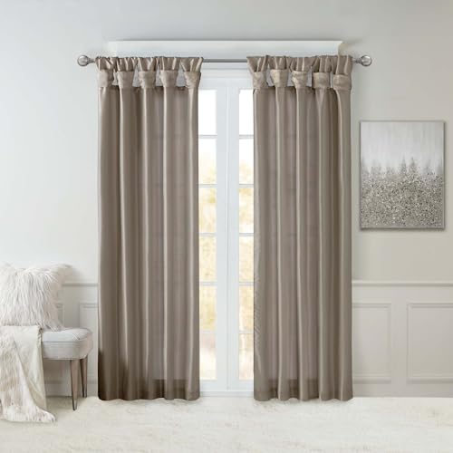 "Madison Park Emilia Faux Silk Single Curtain with Privacy Lining, DIY Twist Tab Top, Window Drape for Living Room, Bedroom and Dorm, 84"" L x 50"" W, Pewter Brown"