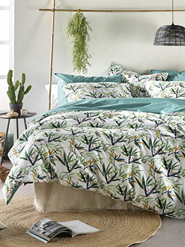 De Witte Lietaer Salix Bedding Set: Duvet Cover and Pillowcases, Cotton, White/Green, 240 x 220 cm