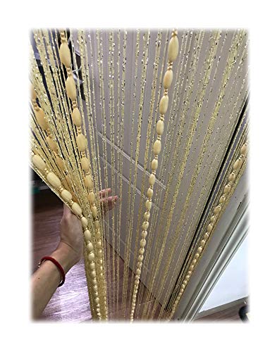Eyotool Door String Curtain Flat Silver Ribbon Thread with Shaggy Tassel Room Divider, 39??????x79?????? (Beige-style2)
