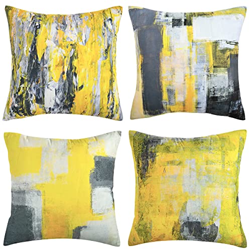 Wosendy Throw Pillow Cover Super Soft Square Home Decorative Cushion Cover Paint Set of 4 Yellow Grey Cushion Case for Chair Bedroom Sofa Living Room 18 X 18 Inch