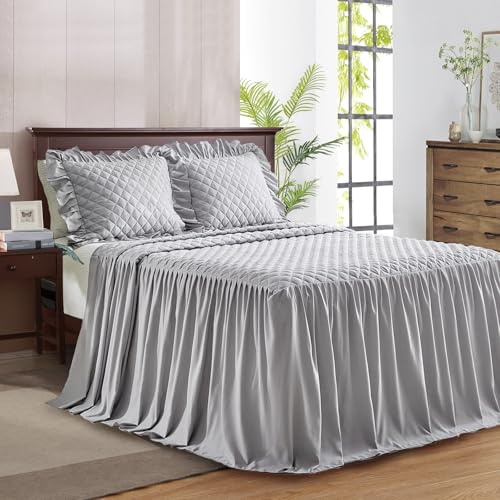 "Ruffle Skirt Bedspread Set - 30"" Long Drop - Vintage Chic Ruffled Summer Coverlet Bed Spreads Quilt Boho Bedding Farmhouse Style Lightweight Luxurious Rustic 3 Piece Set Queen Size Gray"
