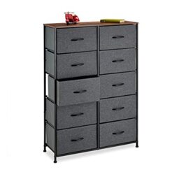 Relaxdays Chest of Drawers, HWD: 120x85.5x30 cm, Metal, 10 Fabric Compartments, Shelf in Modern Wooden Look, Grey/Brown