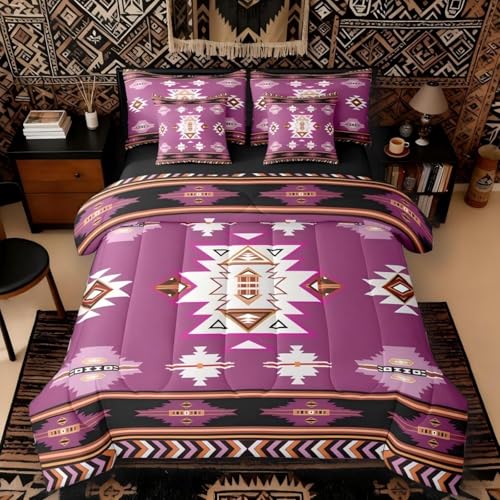 Erosebridal Western Comforter Set 7 Piece Bed in a Bag Twin - Bohemian Decor Geometric Bedding Sets Boho Aztec Comforter and Sheet Set, Ethnic Tribal Arrow Bed Sets,Purple