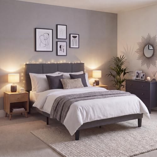 Vida Designs Velmora Double Fabric Bed Frame - Dark Grey Linen - 101-110H x 143.5W x 195.5D cm - Soft Cushioned & Adjustable Headboard - Underbed Storage - Slatted Base - Minimalist Style